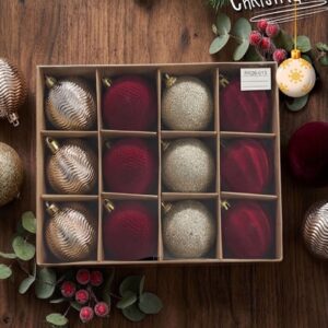 SET DE 12 BOLAS NAVIDAD 4CM BORGOÑA TERCIOPELO Y DORADO DISEÑOS (SD-170) L-3095