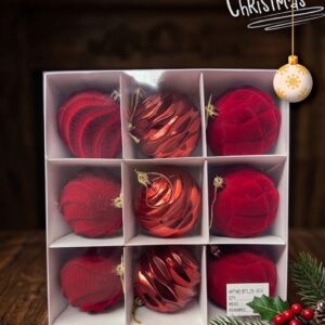 SET DE 9 BOLAS NAVIDAD 6CM BORGOÑA EN TERCIOPELO Y DISEÑOS (SD-176) L-3096