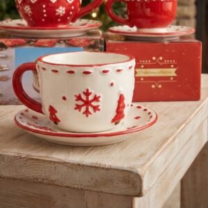 SET DE TAZA + PLATITO ALTO RELIEVE ROJO BLANCO L-3135